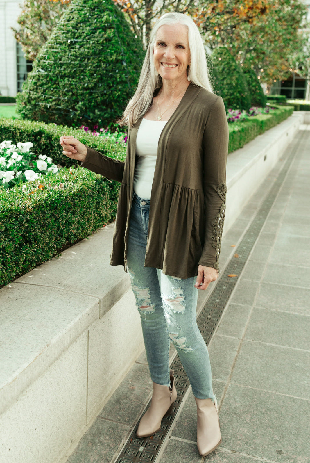 Little Bit Of Lace Cardigan In Olive-Cardigans- Simply Simpson's Boutique is a Women's Online Fashion Boutique Located in Jupiter, Florida