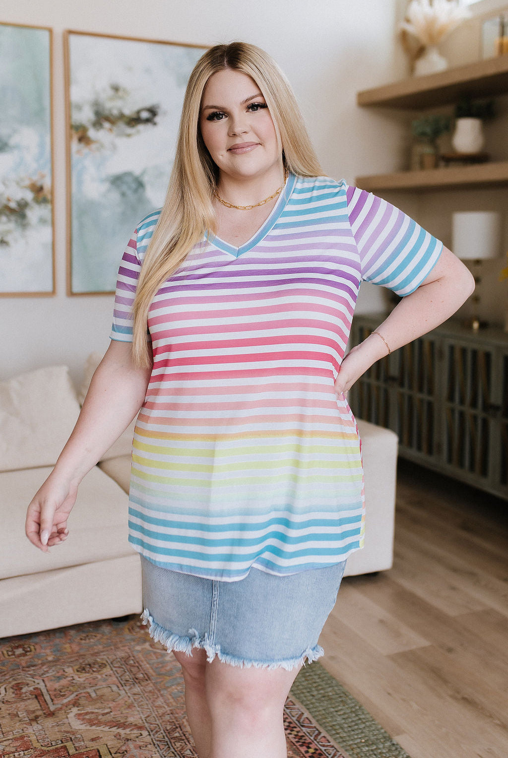 Looking for Rainbows V-Neck Striped Top-Short Sleeves- Simply Simpson's Boutique is a Women's Online Fashion Boutique Located in Jupiter, Florida