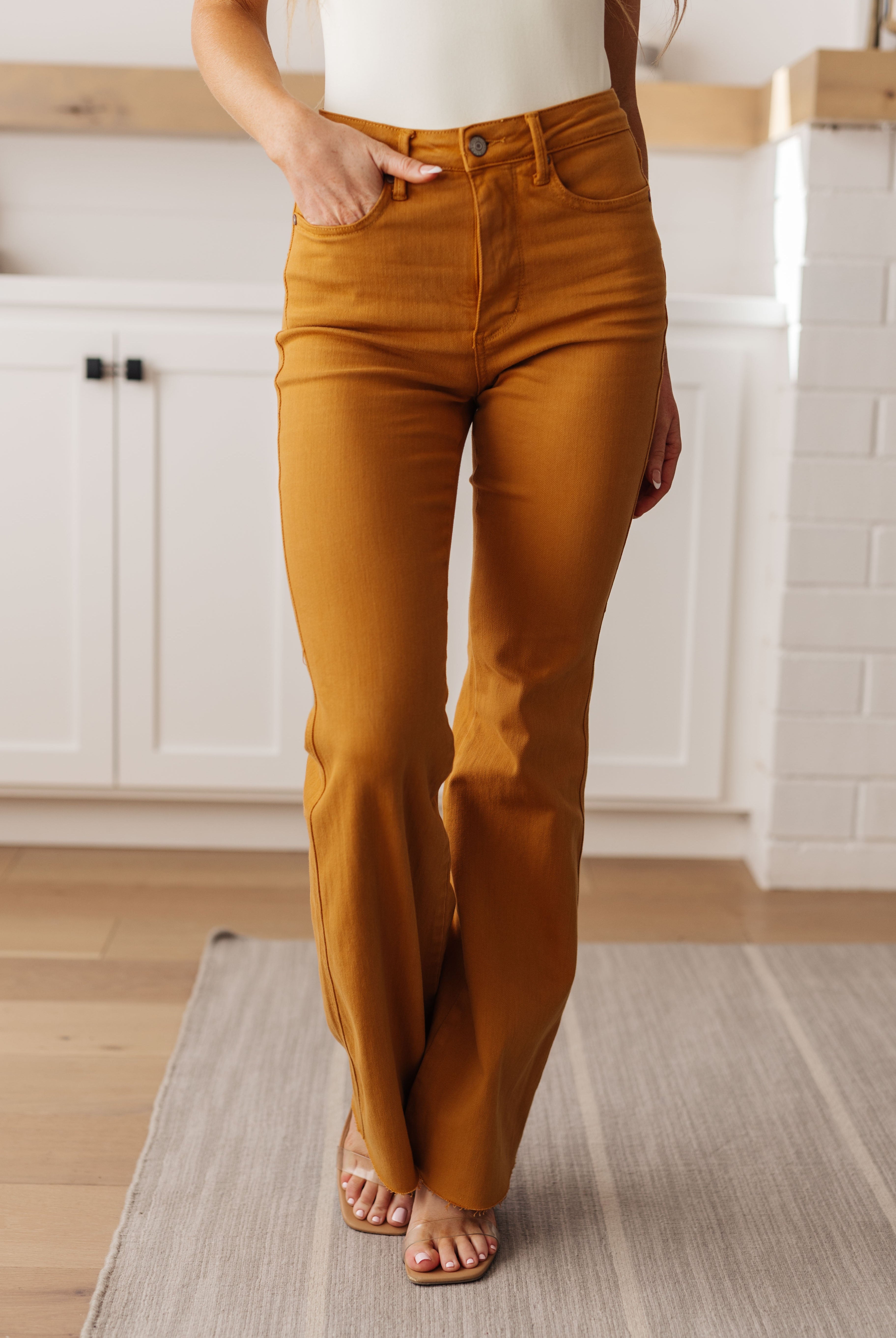 Melinda High Rise Control Top Flare Jeans in Marigold-Dresses- Simply Simpson's Boutique is a Women's Online Fashion Boutique Located in Jupiter, Florida