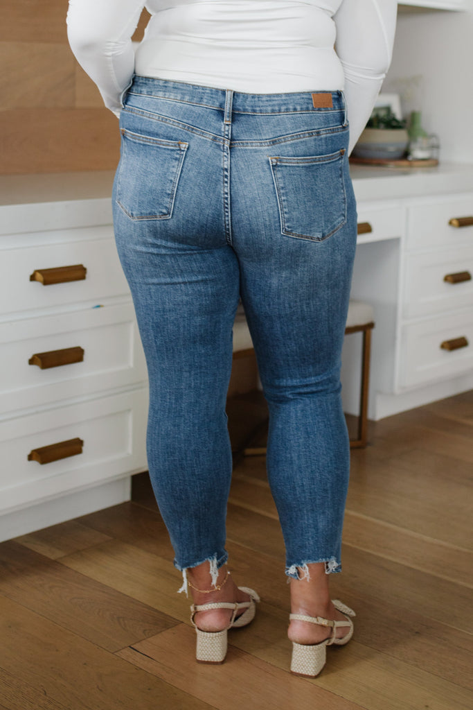 Midrise Destructed Hem Slim Fit-Jeans- Simply Simpson's Boutique is a Women's Online Fashion Boutique Located in Jupiter, Florida
