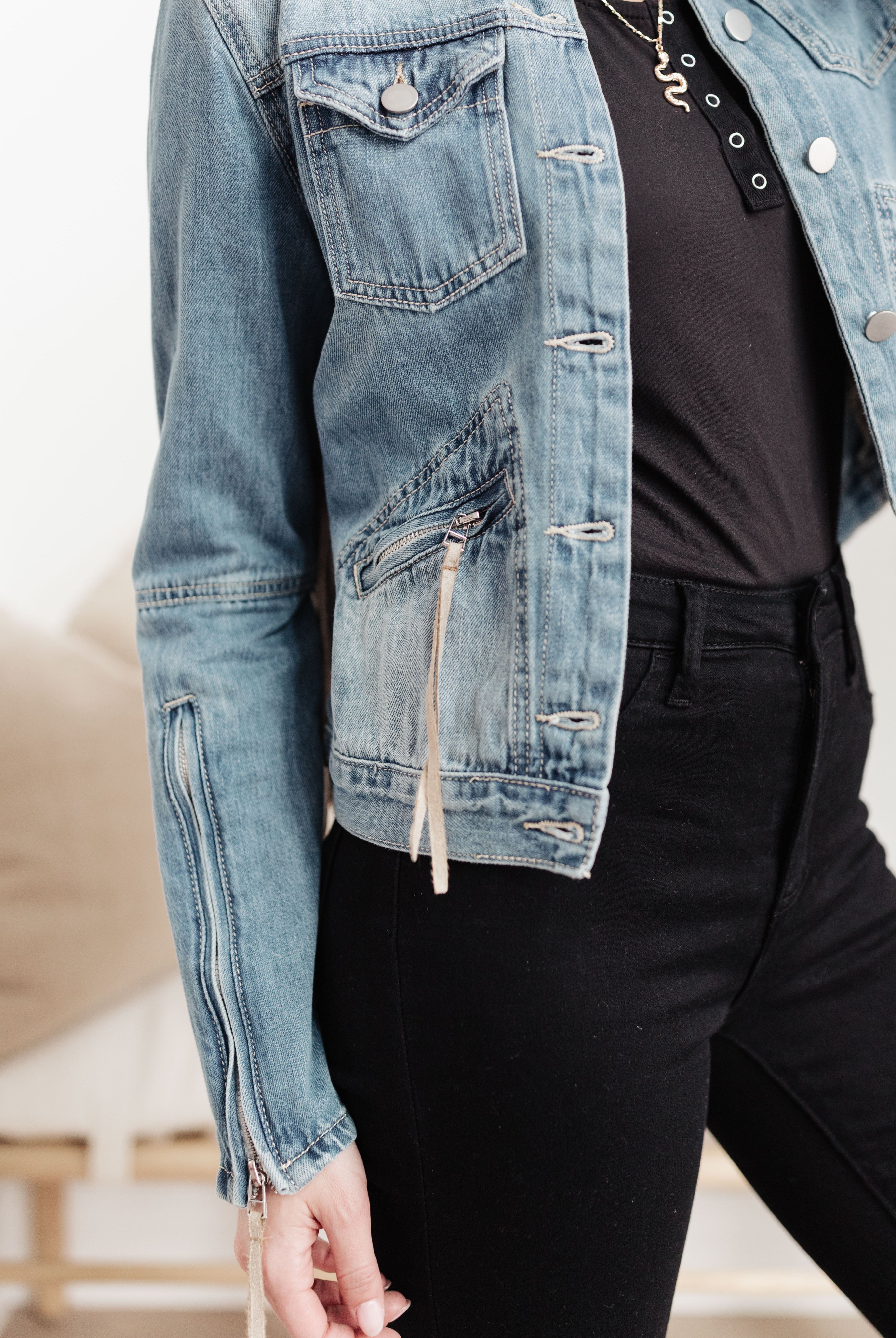 On The Fringe Jacket in Denim-Outerwear- Simply Simpson's Boutique is a Women's Online Fashion Boutique Located in Jupiter, Florida