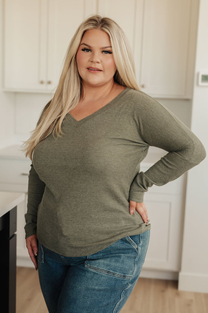 On a Roll Ribbed Knit V Neck Long Sleeve Top-Shirts & Tops- Simply Simpson's Boutique is a Women's Online Fashion Boutique Located in Jupiter, Florida
