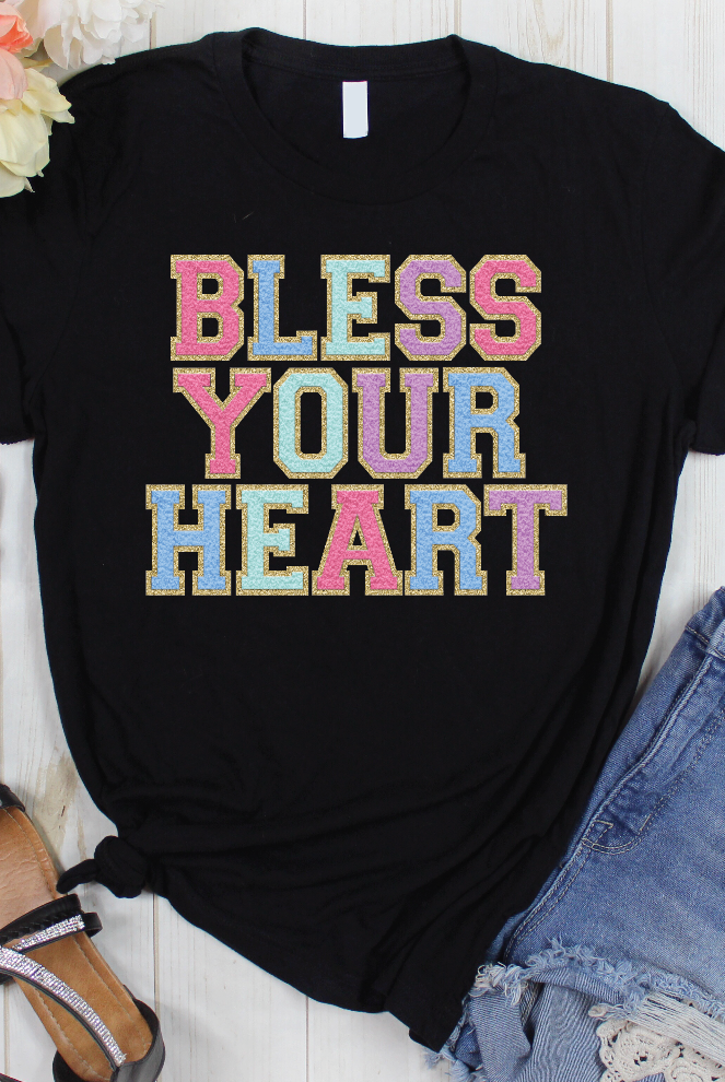 BLESS YOUR HEART Patch Letter (Printed)-Graphic Tee- Simply Simpson's Boutique is a Women's Online Fashion Boutique Located in Jupiter, Florida