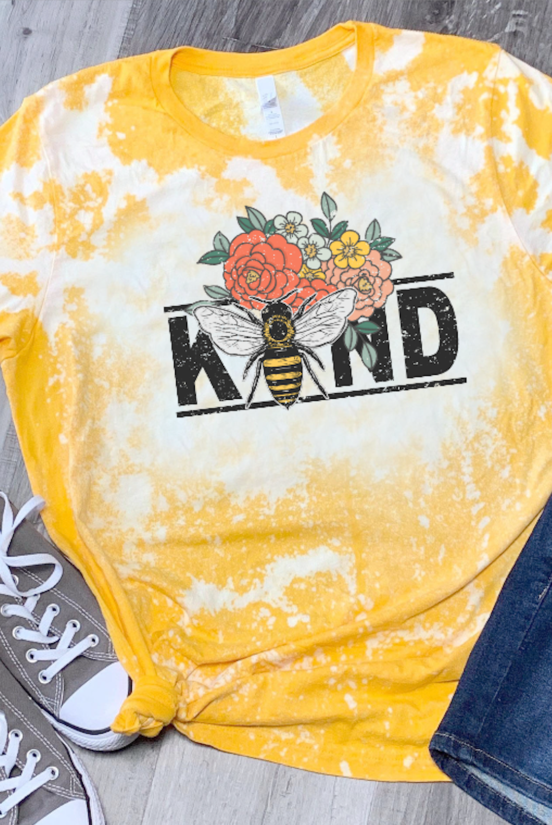 (PINK FLOWERS) Bee Kind (BLEACHED)-Graphic Tee- Simply Simpson's Boutique is a Women's Online Fashion Boutique Located in Jupiter, Florida