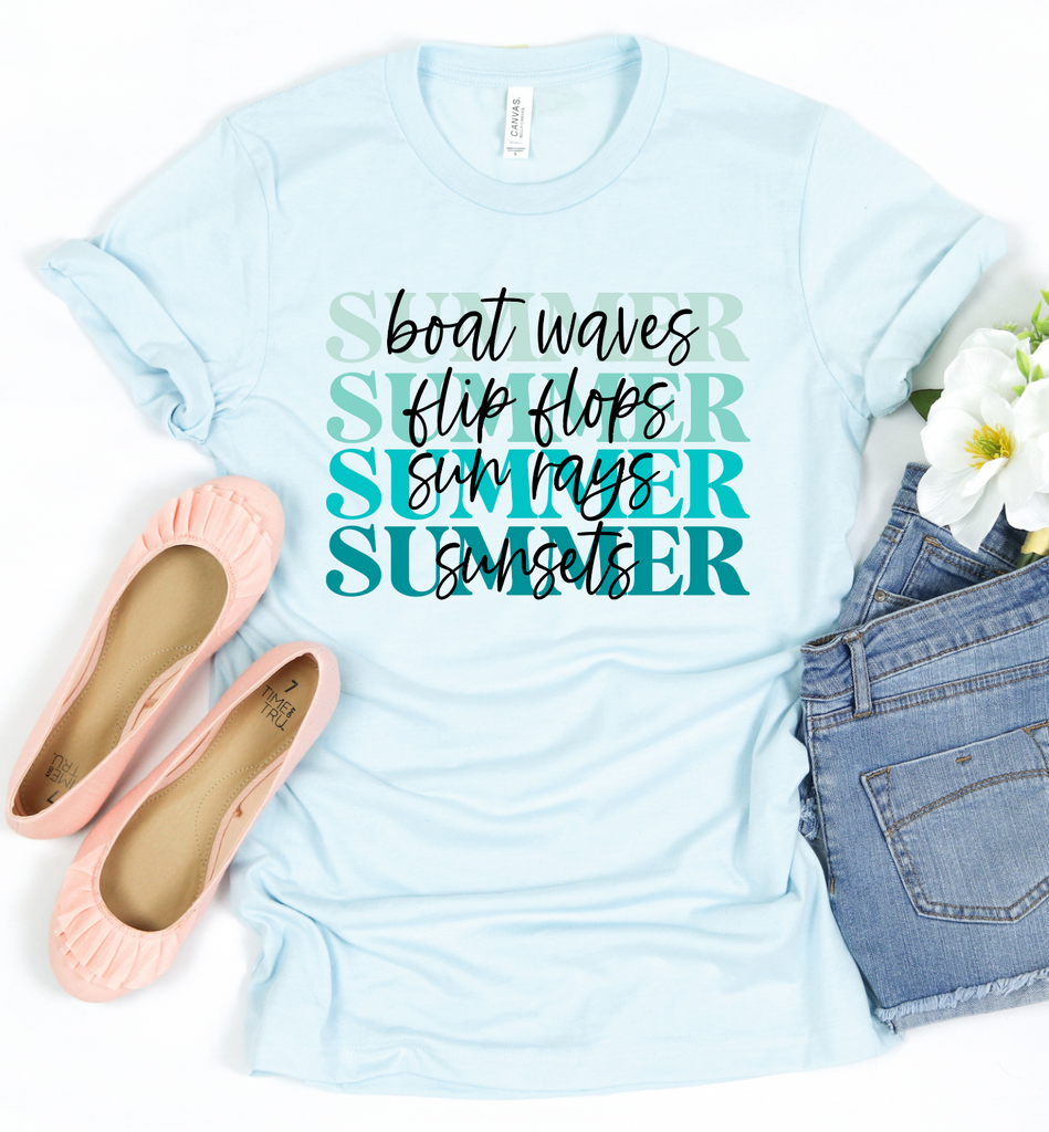 Summer Boat Waves, Flip Flops,Sun Rays, Sunsets-Graphic Tee- Simply Simpson's Boutique is a Women's Online Fashion Boutique Located in Jupiter, Florida
