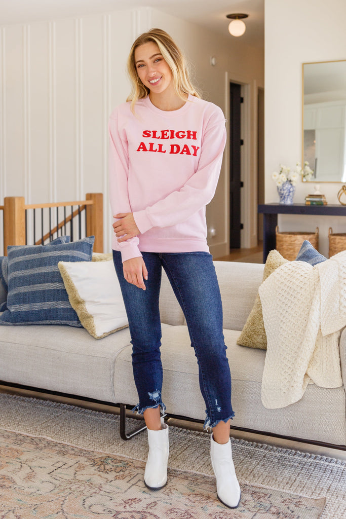 Sleigh All Day Sweatshirt In Pink-Graphic Tee- Simply Simpson's Boutique is a Women's Online Fashion Boutique Located in Jupiter, Florida
