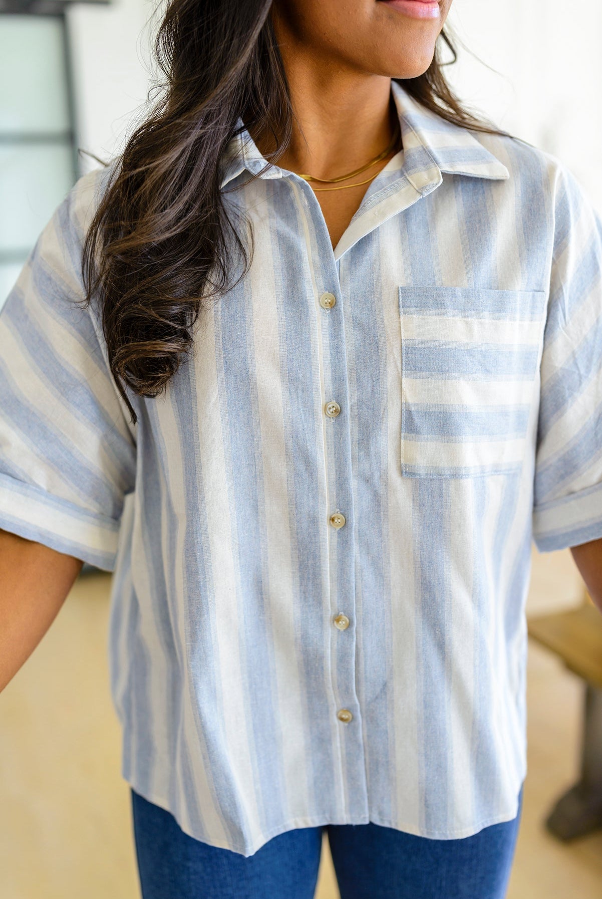 Tailored to Relax Striped Button Down-Short Sleeves- Simply Simpson's Boutique is a Women's Online Fashion Boutique Located in Jupiter, Florida