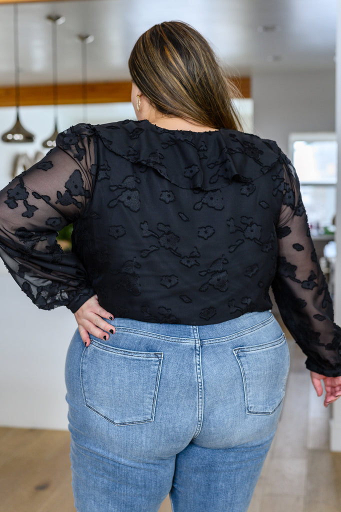 Think Of Me Ruffle Long Sleeve Bodysuit in Black-Tops- Simply Simpson's Boutique is a Women's Online Fashion Boutique Located in Jupiter, Florida