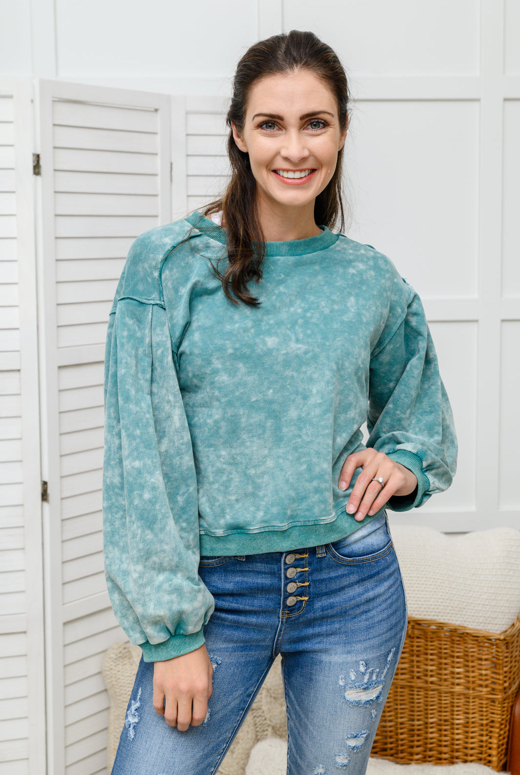 Tied Up In Cuteness Mineral Wash Sweater in Teal-Sweaters- Simply Simpson's Boutique is a Women's Online Fashion Boutique Located in Jupiter, Florida