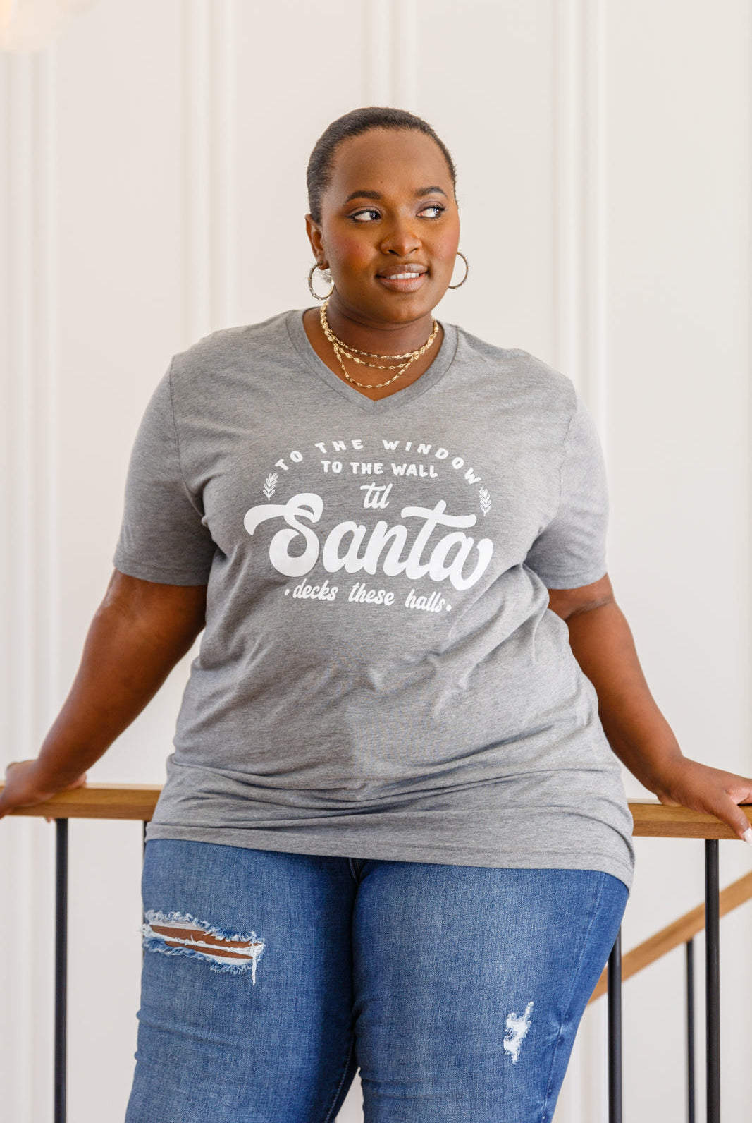 To The Window Graphic V Neck Tee In Gray-Short Sleeves- Simply Simpson's Boutique is a Women's Online Fashion Boutique Located in Jupiter, Florida
