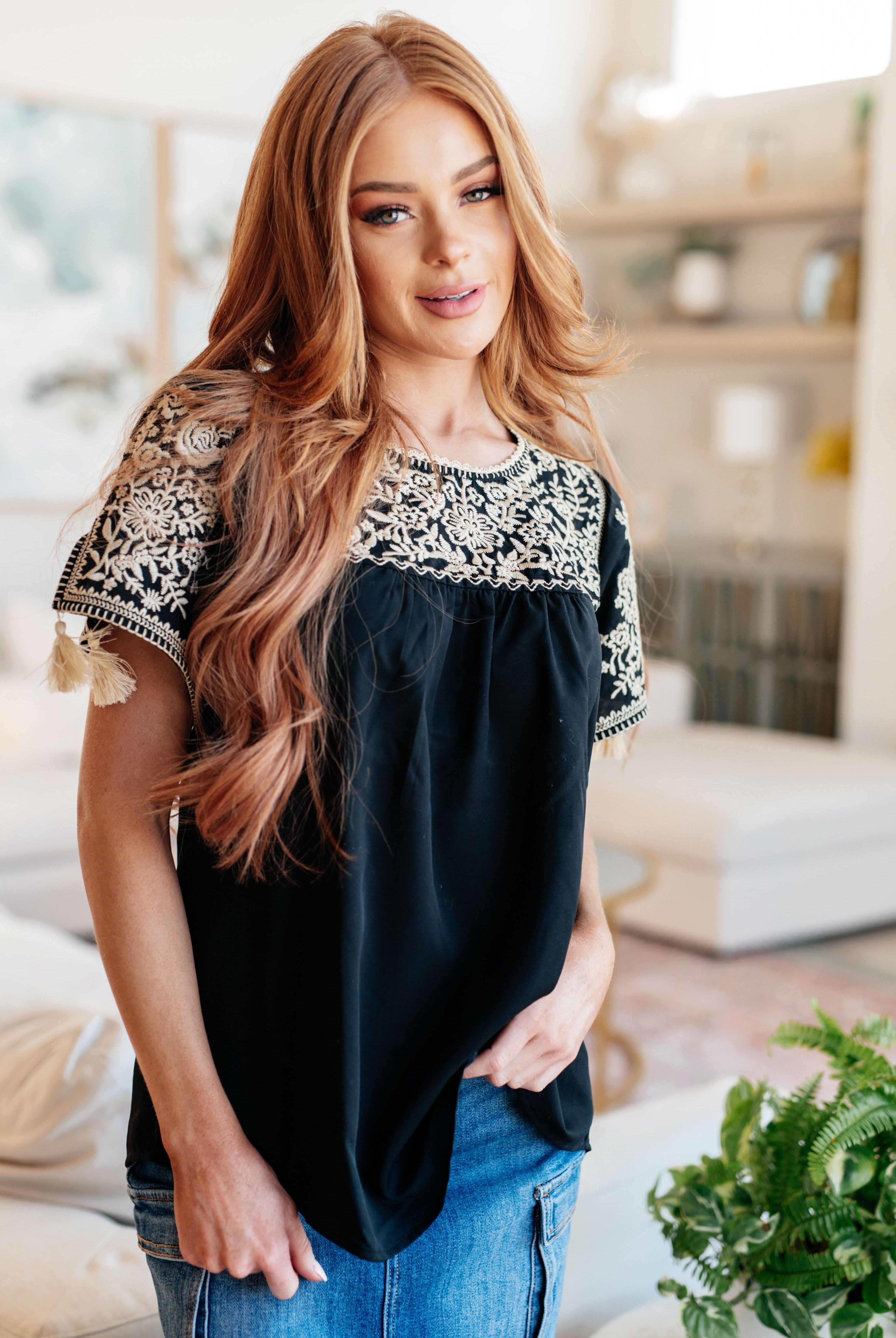 Try Again Embroidered Top-Short Sleeves- Simply Simpson's Boutique is a Women's Online Fashion Boutique Located in Jupiter, Florida
