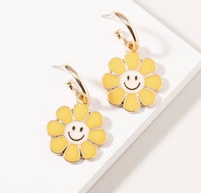 Yellow Smiley Face Flower Dangle Earrings-Earrings- Simply Simpson's Boutique is a Women's Online Fashion Boutique Located in Jupiter, Florida