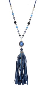 Blue Crystal Charm Leather Tassel Necklace-280 Jewelry- Simply Simpson's Boutique is a Women's Online Fashion Boutique Located in Jupiter, Florida