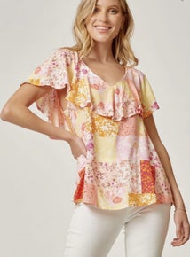 Marigold/Pink Floral Ruffle Sleeve Blouse-Shirts & Tops- Simply Simpson's Boutique is a Women's Online Fashion Boutique Located in Jupiter, Florida
